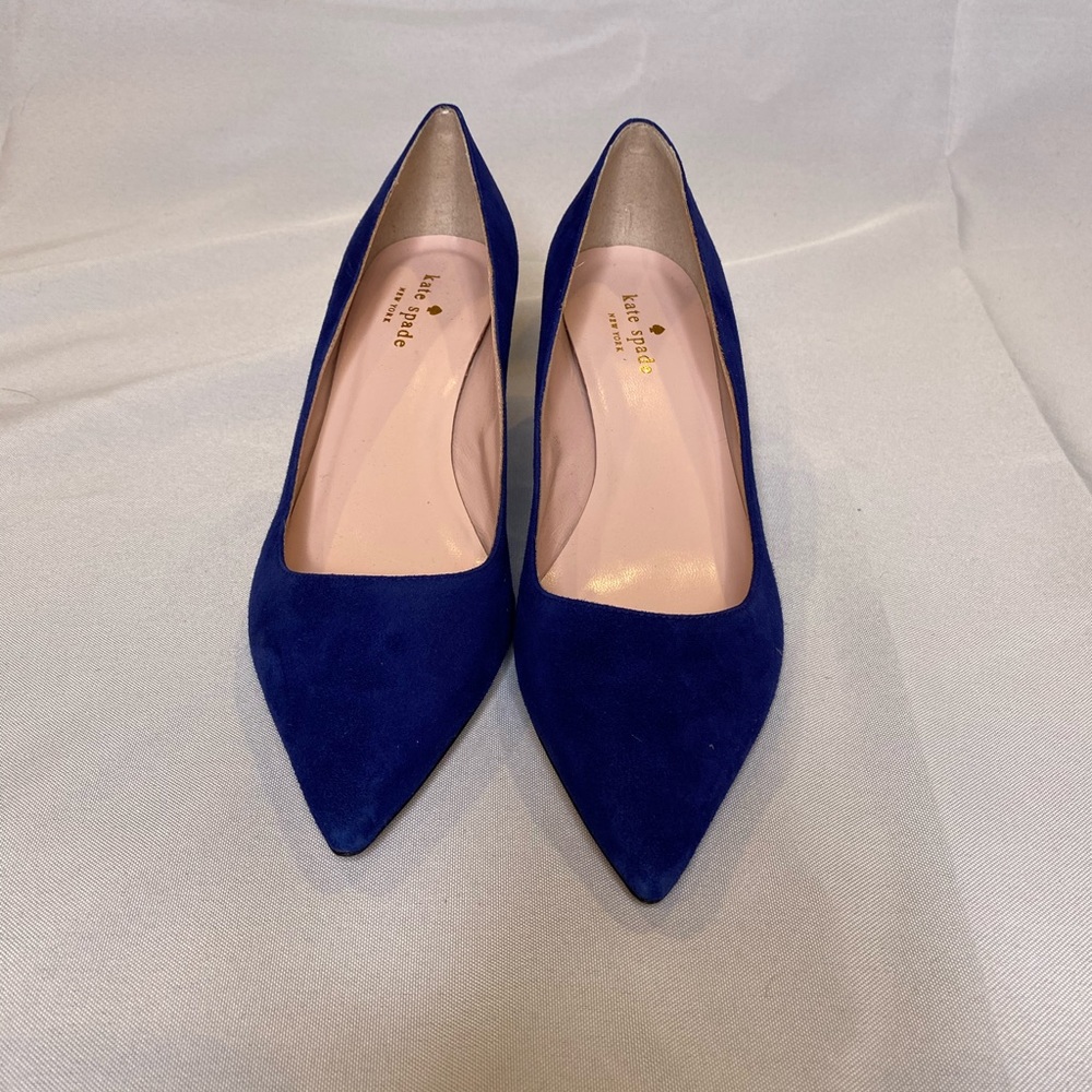Blue suede Kate Spade heeled flats